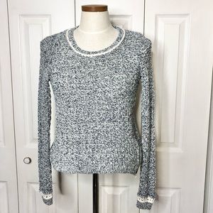 Moth (Anthropologie) open stitch blue marbled crew neck sweater, side zipper